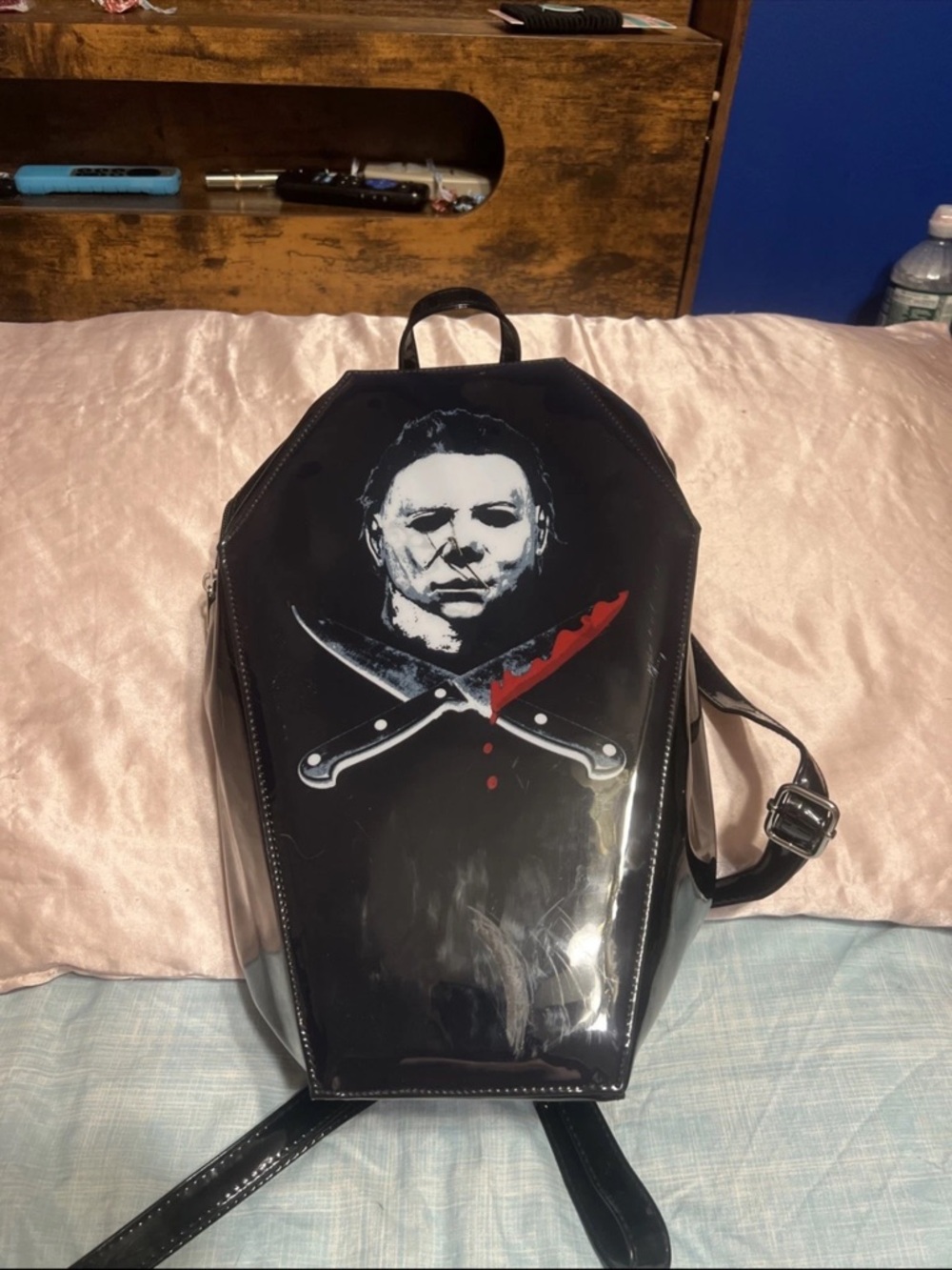Black Coffin-Shaped Backpack with Michael Myers Graphic